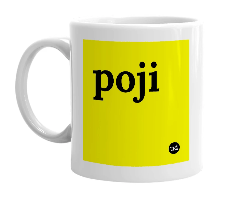 White mug with 'poji' in bold black letters