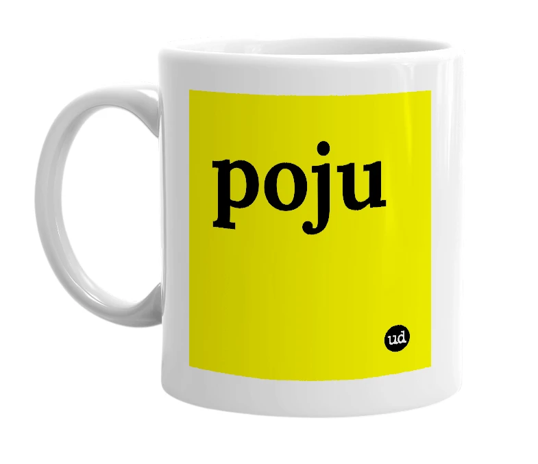 White mug with 'poju' in bold black letters