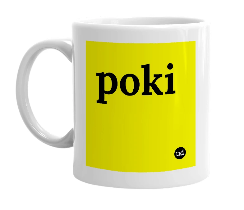White mug with 'poki' in bold black letters