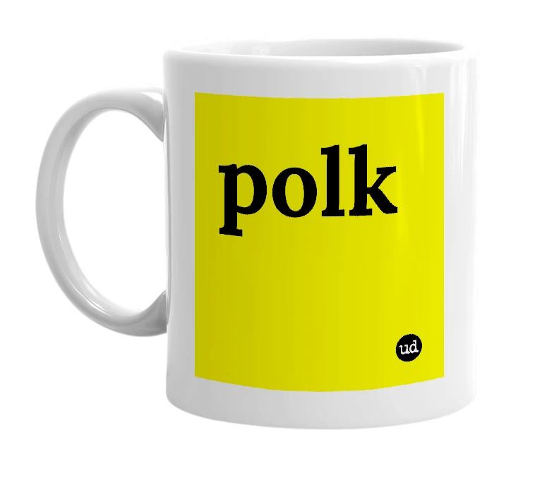 White mug with 'polk' in bold black letters