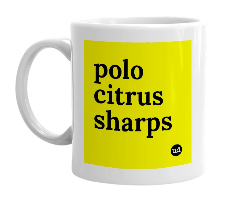 White mug with 'polo citrus sharps' in bold black letters