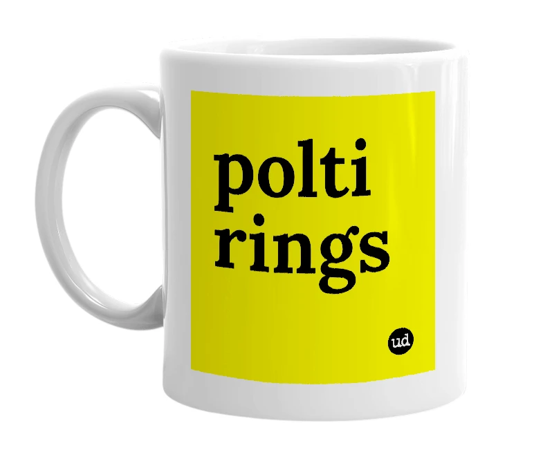 White mug with 'polti rings' in bold black letters