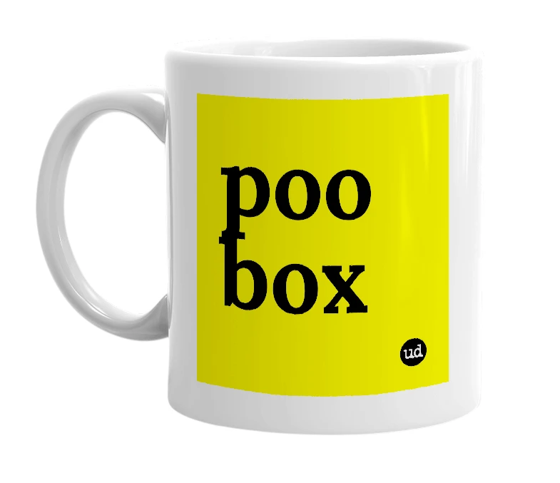 White mug with 'poo box' in bold black letters