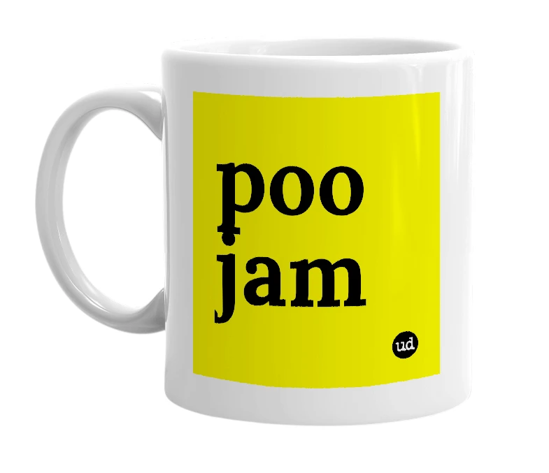 White mug with 'poo jam' in bold black letters