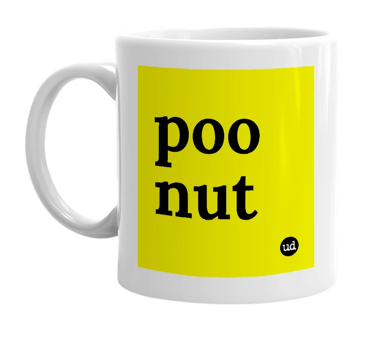 White mug with 'poo nut' in bold black letters
