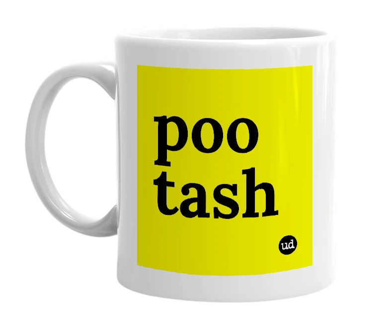 White mug with 'poo tash' in bold black letters