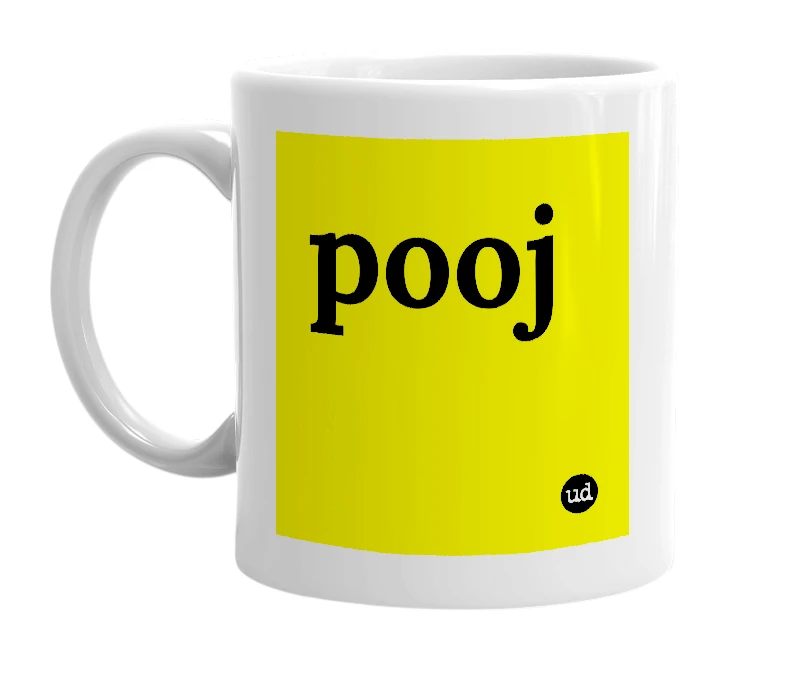 White mug with 'pooj' in bold black letters