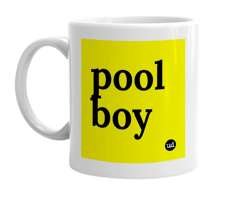 White mug with 'pool boy' in bold black letters