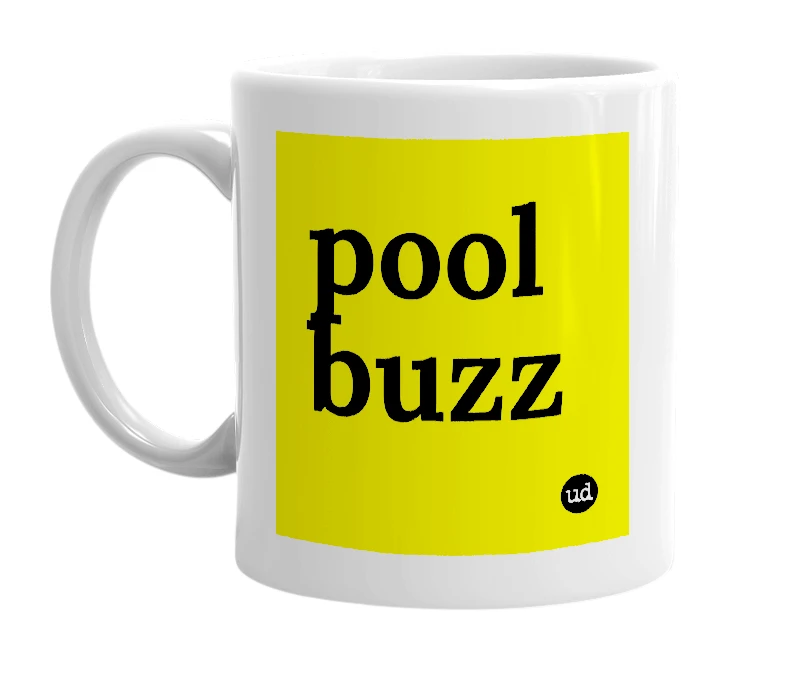 White mug with 'pool buzz' in bold black letters