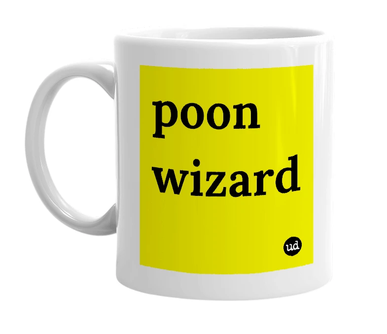 White mug with 'poon wizard' in bold black letters