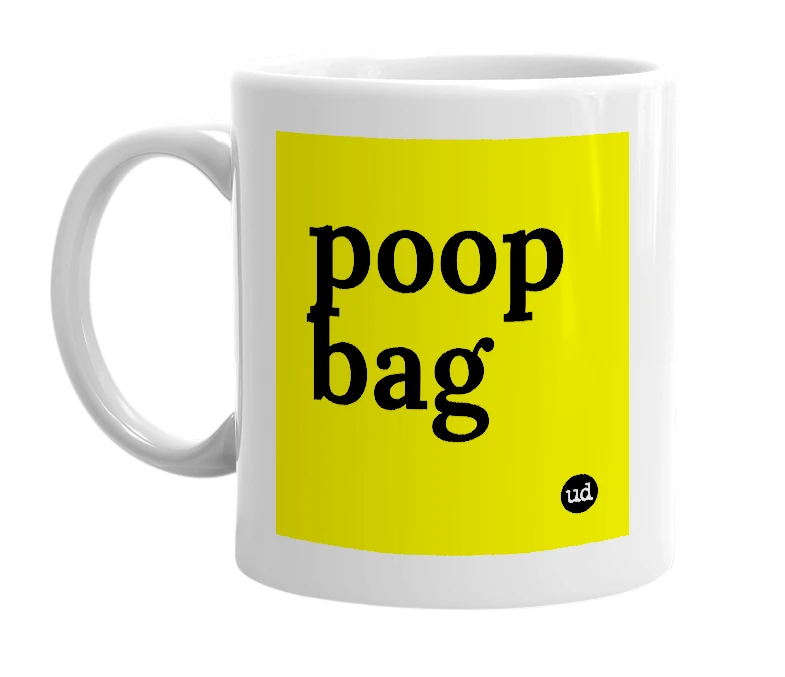 White mug with 'poop bag' in bold black letters