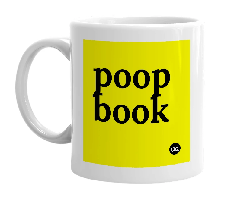 White mug with 'poop book' in bold black letters