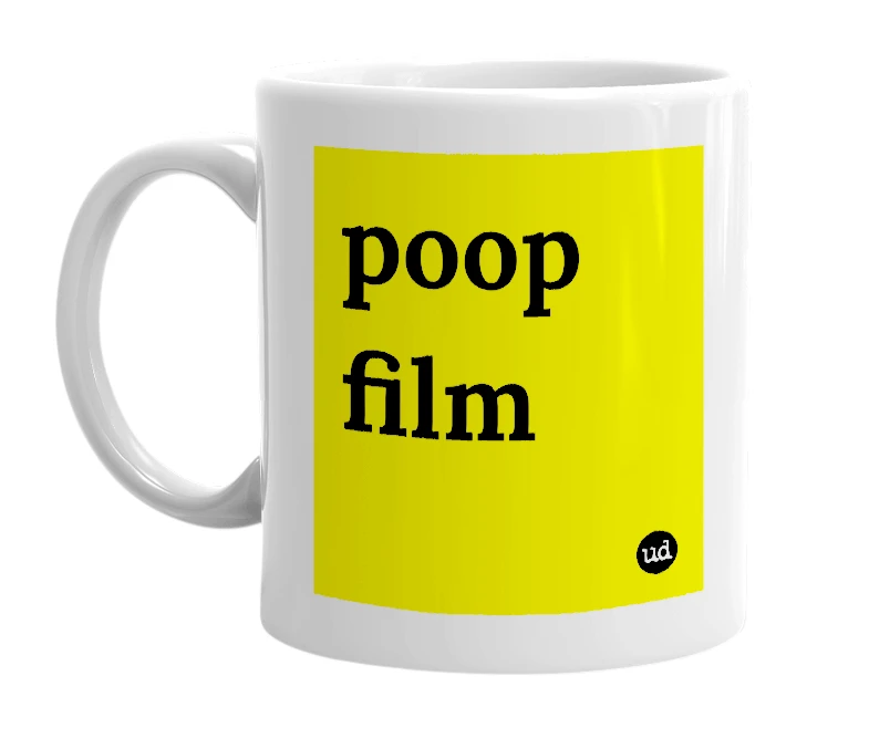White mug with 'poop film' in bold black letters