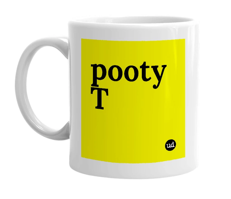 White mug with 'pooty T' in bold black letters