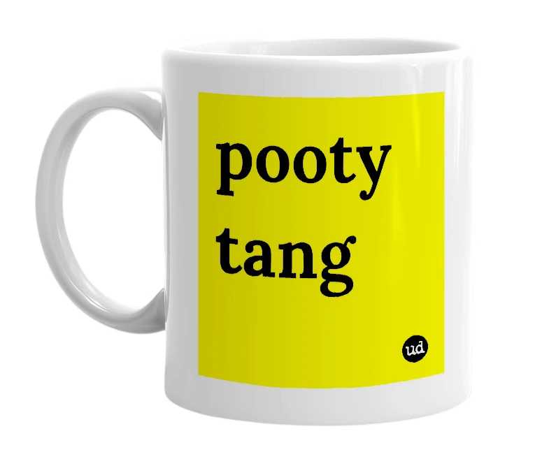 White mug with 'pooty tang' in bold black letters
