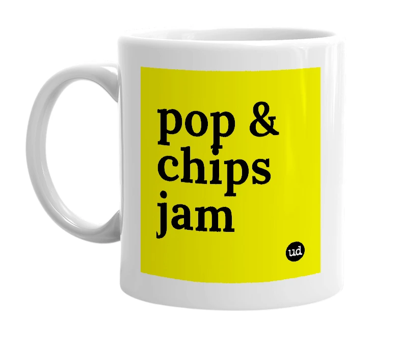 White mug with 'pop & chips jam' in bold black letters