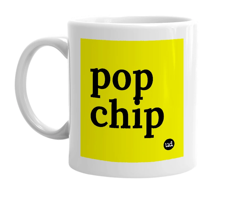 White mug with 'pop chip' in bold black letters