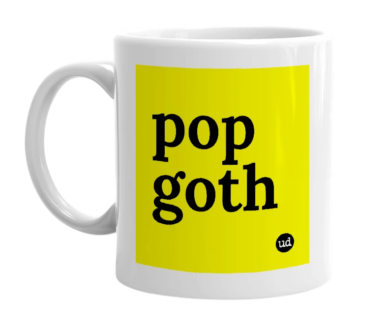 White mug with 'pop goth' in bold black letters