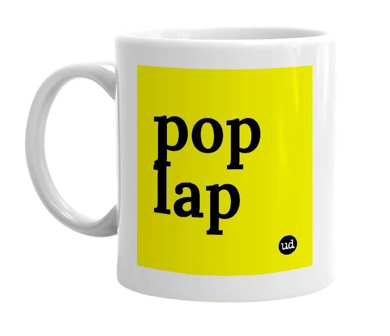 White mug with 'pop lap' in bold black letters