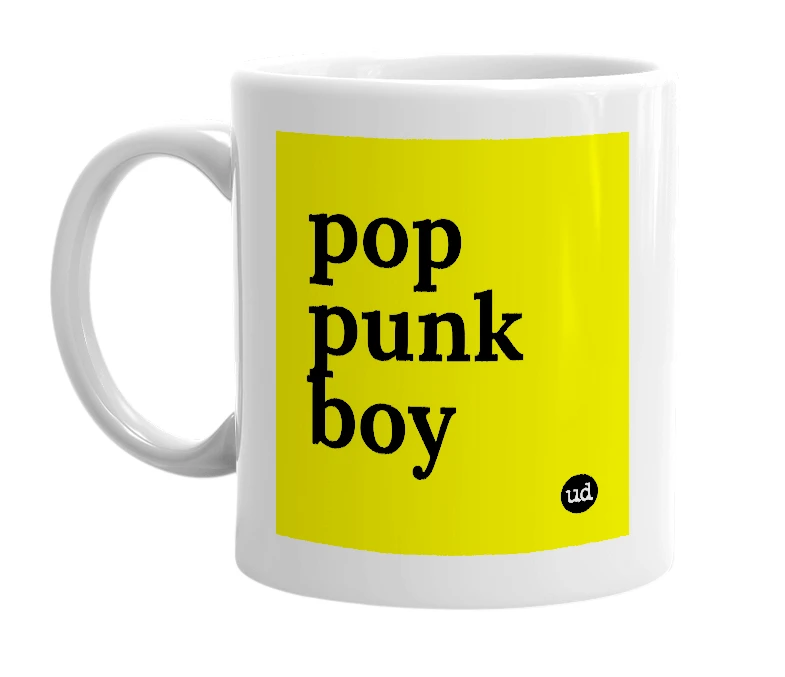 White mug with 'pop punk boy' in bold black letters