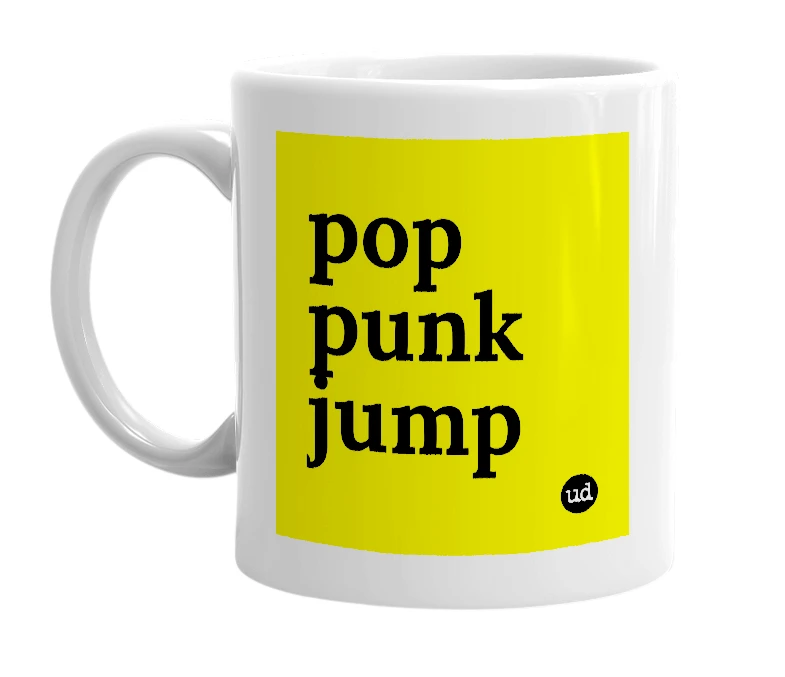 White mug with 'pop punk jump' in bold black letters