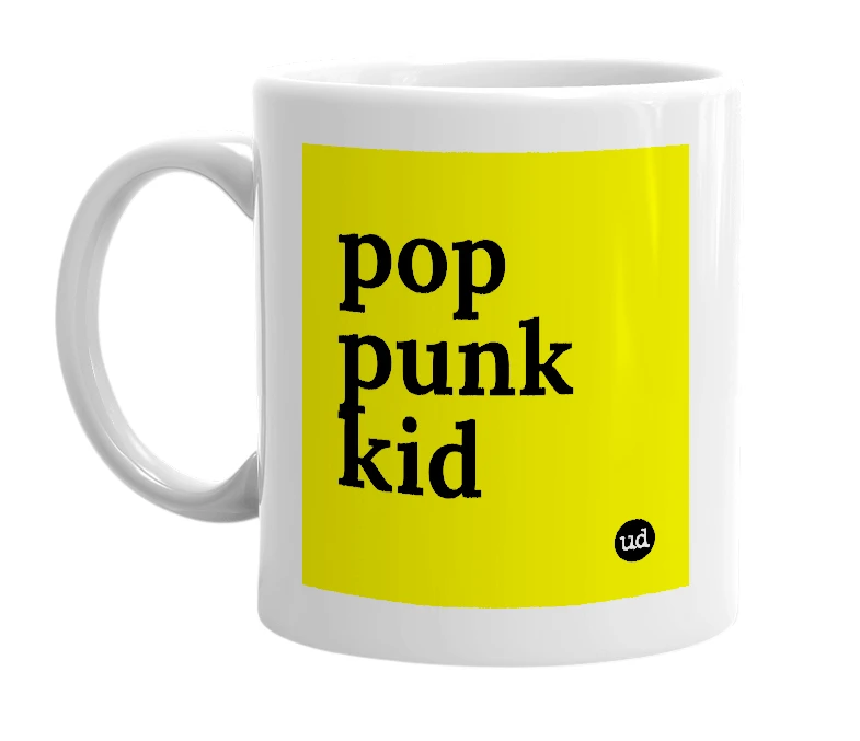 White mug with 'pop punk kid' in bold black letters