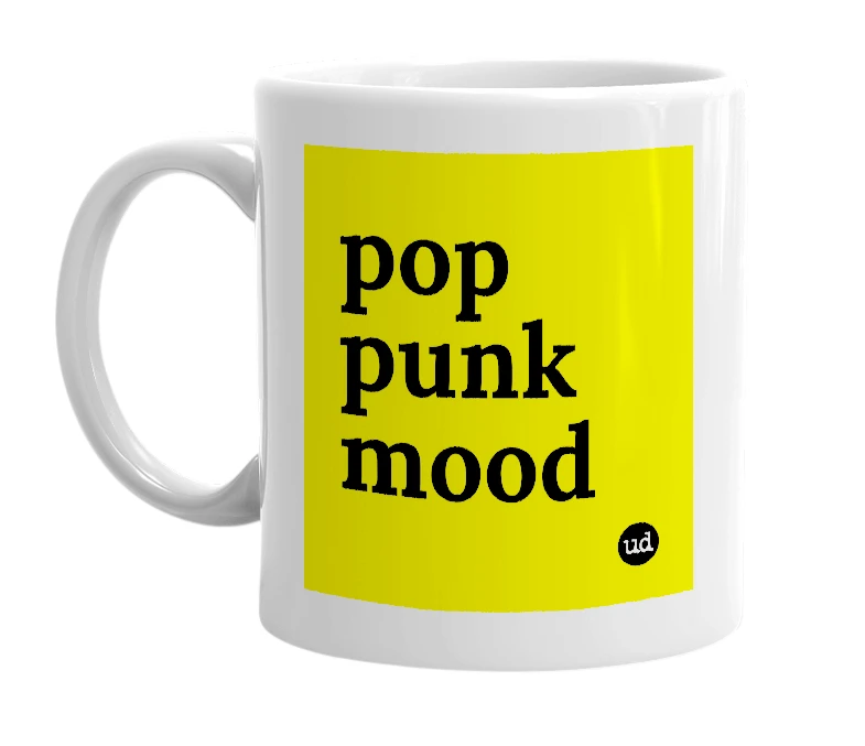 White mug with 'pop punk mood' in bold black letters