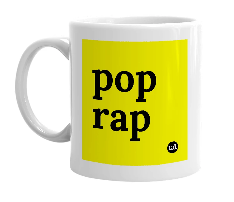 White mug with 'pop rap' in bold black letters