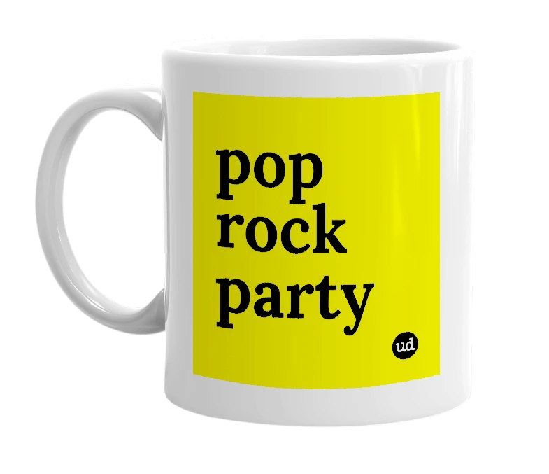 White mug with 'pop rock party' in bold black letters