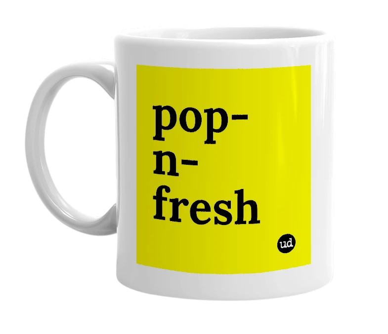 White mug with 'pop-n-fresh' in bold black letters
