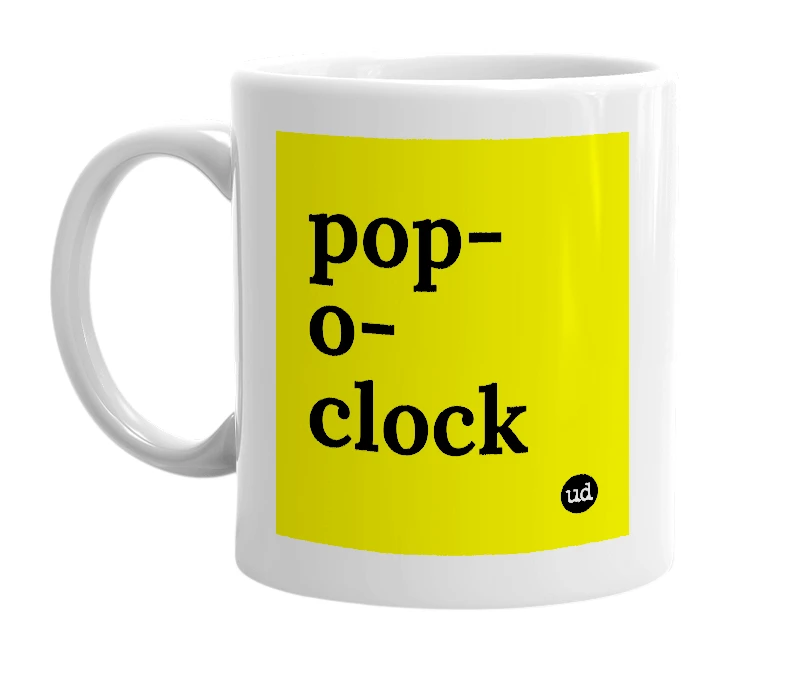 White mug with 'pop-o-clock' in bold black letters