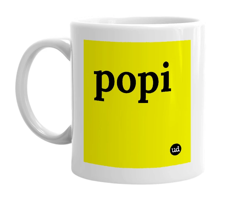 White mug with 'popi' in bold black letters