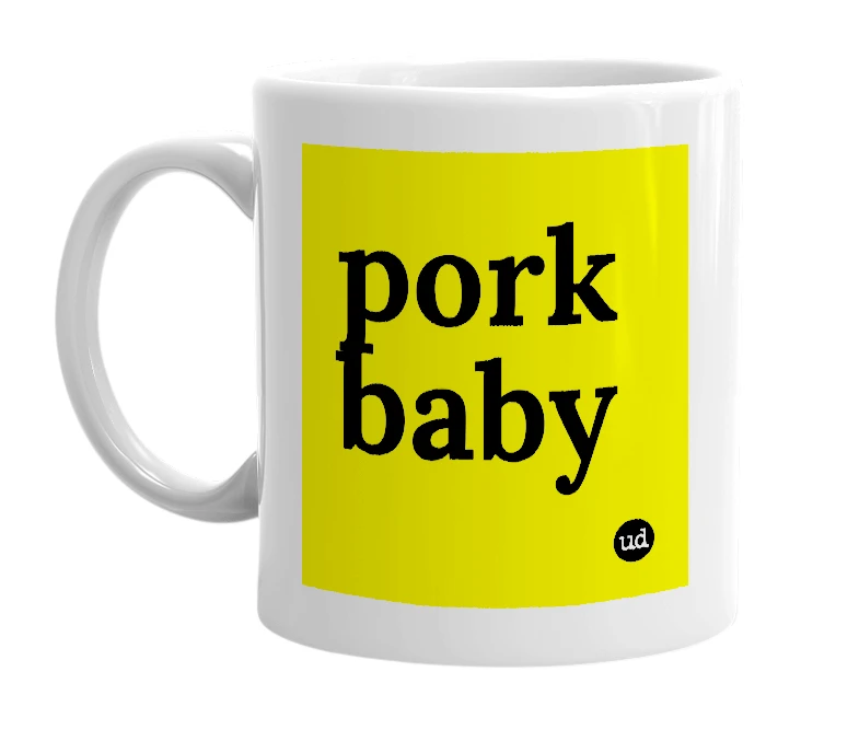 White mug with 'pork baby' in bold black letters