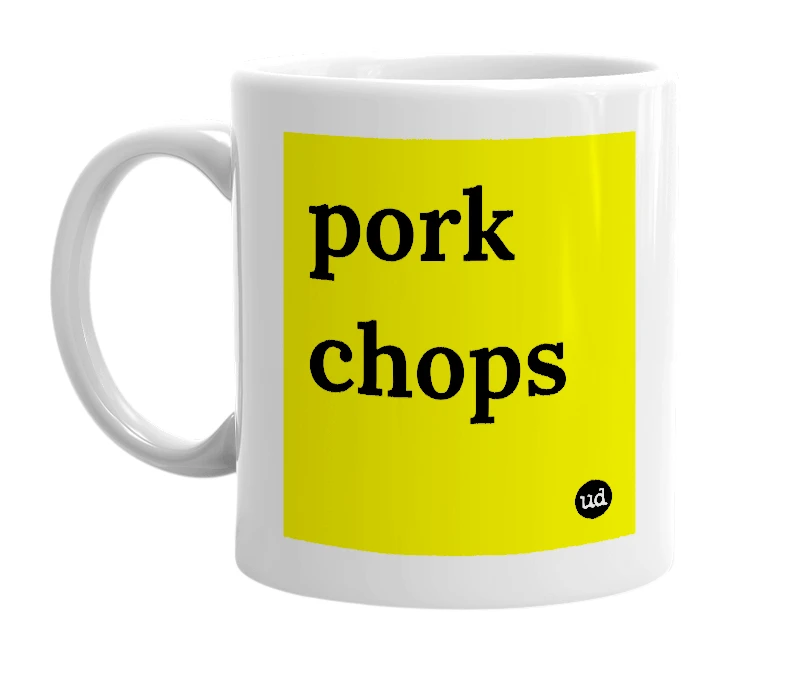 White mug with 'pork chops' in bold black letters