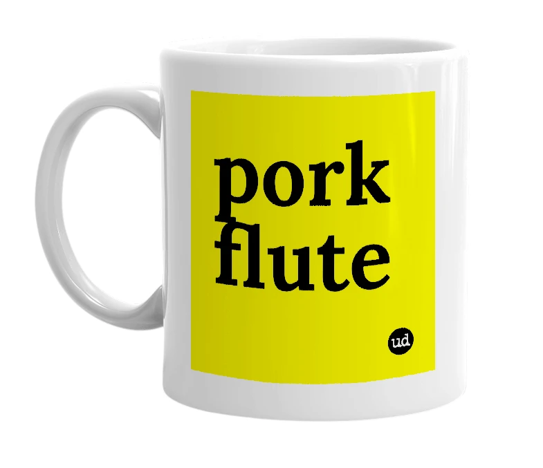 White mug with 'pork flute' in bold black letters