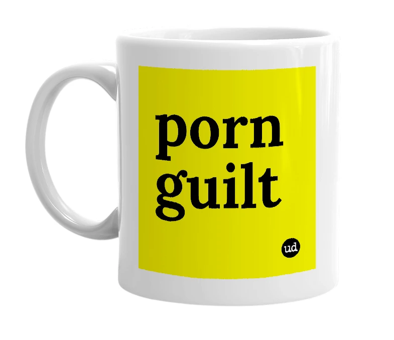 White mug with 'porn guilt' in bold black letters