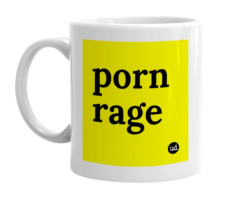 White mug with 'porn rage' in bold black letters
