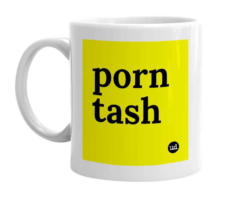 White mug with 'porn tash' in bold black letters