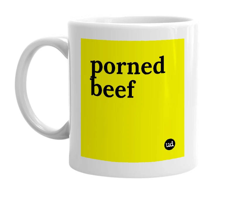 White mug with 'porned beef' in bold black letters