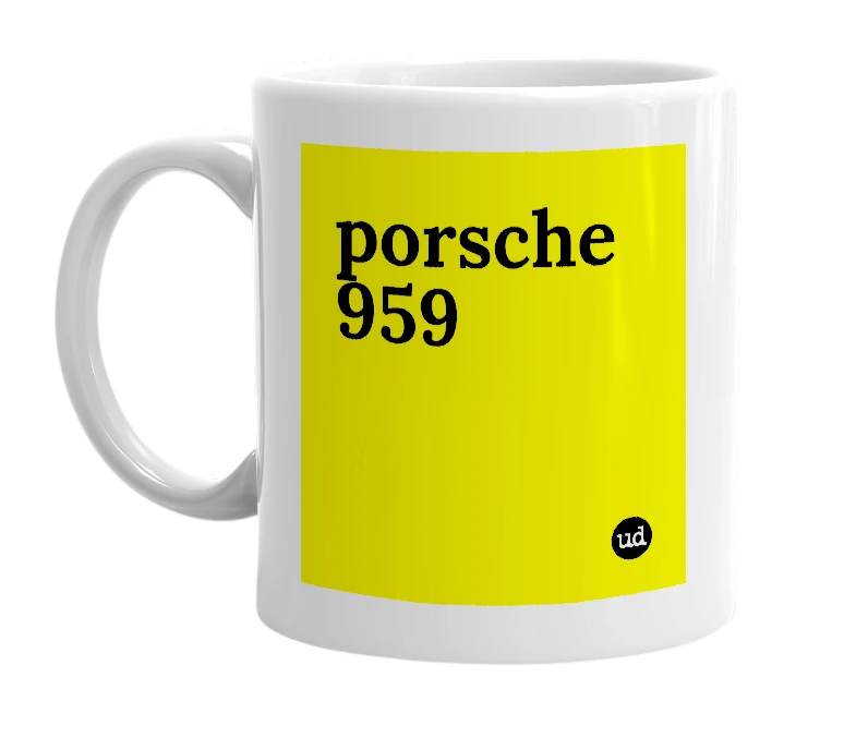 White mug with 'porsche 959' in bold black letters