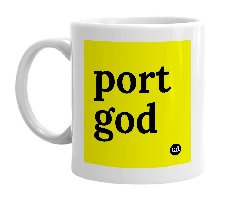 White mug with 'port god' in bold black letters