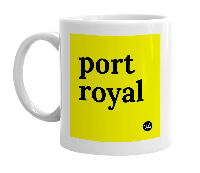 White mug with 'port royal' in bold black letters