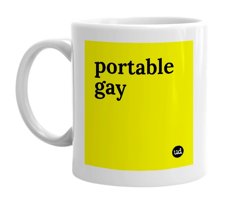 White mug with 'portable gay' in bold black letters