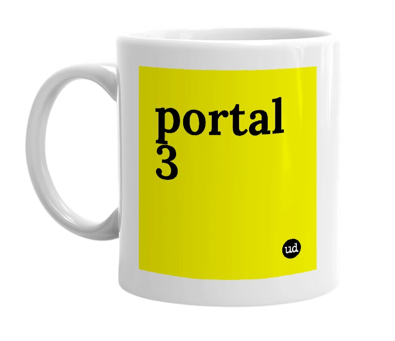 White mug with 'portal 3' in bold black letters