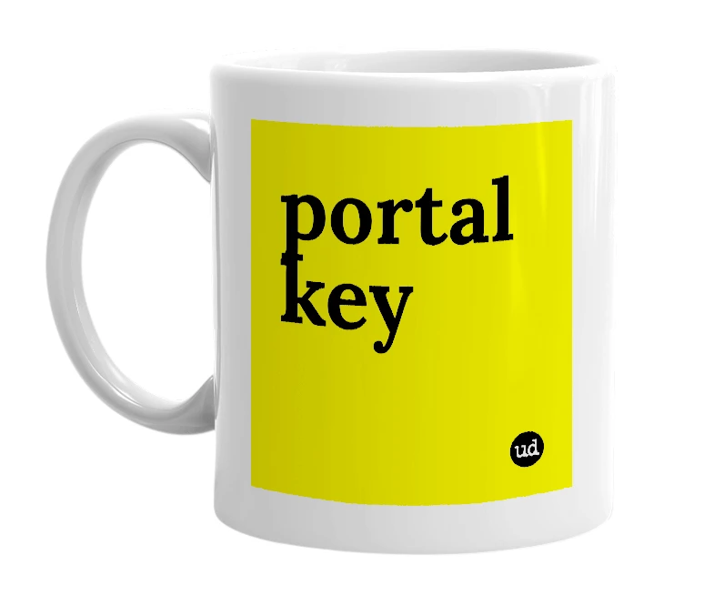White mug with 'portal key' in bold black letters