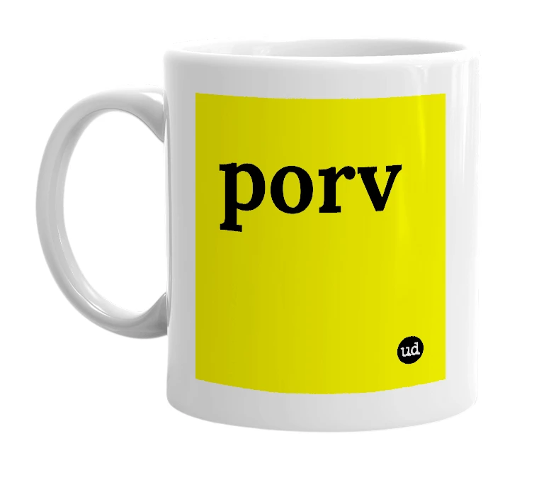 White mug with 'porv' in bold black letters