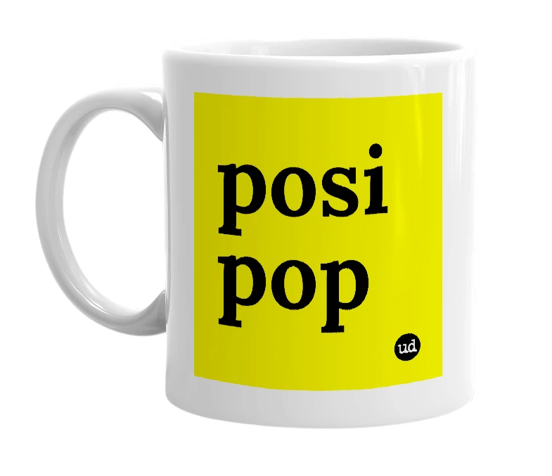 White mug with 'posi pop' in bold black letters