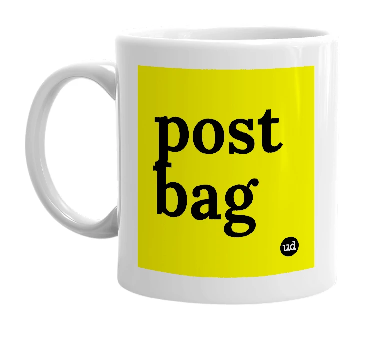White mug with 'post bag' in bold black letters