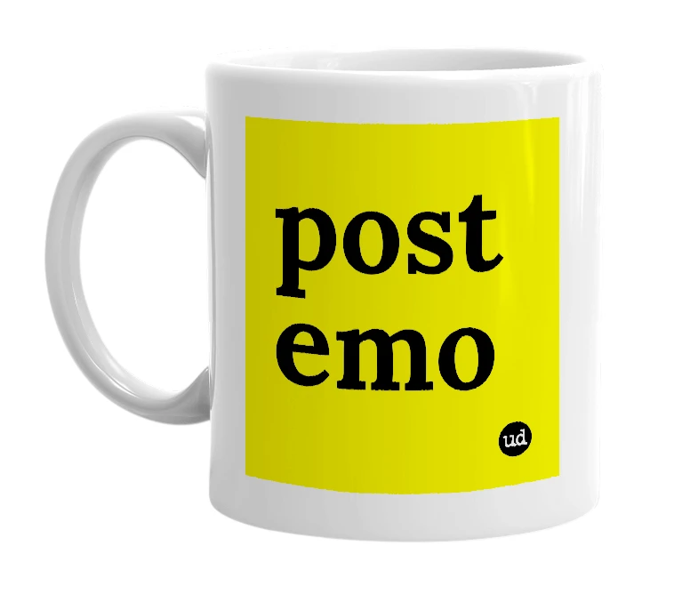White mug with 'post emo' in bold black letters