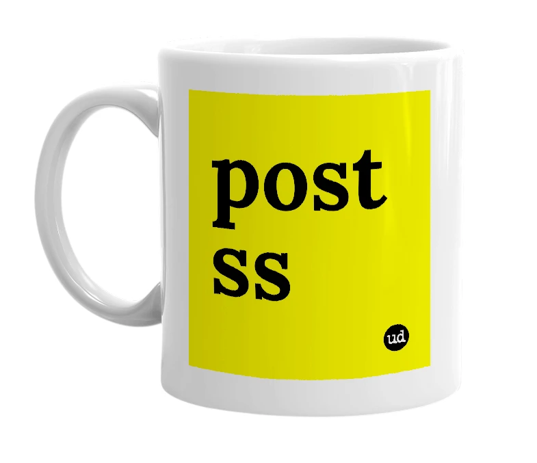 White mug with 'post ss' in bold black letters